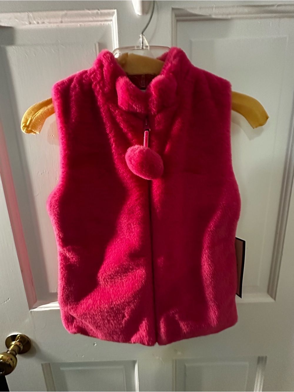 Girls' Pink Fuzzy Zip-Front Vest with Pom Pom